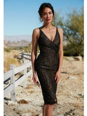 Dress the Population Fiona black and metallic blue and pink details lace dress